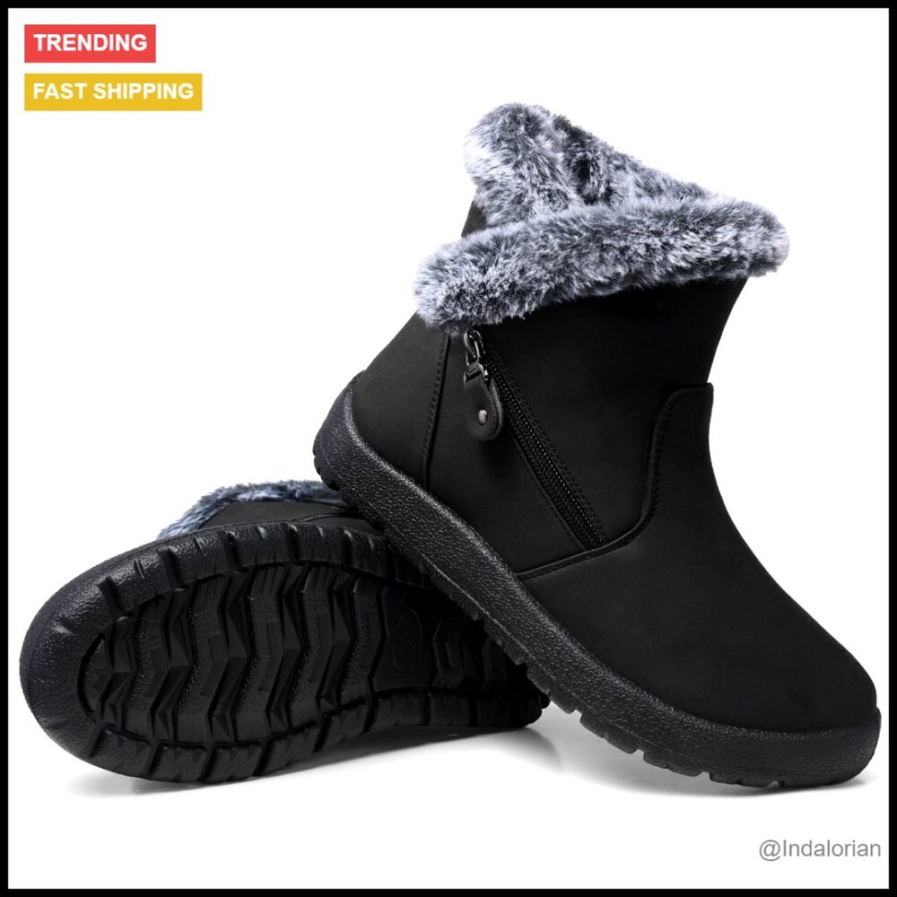 Fur Lined Ankle Booties Waterproof Winter Snow Boots Warm Insulated Non-Slip